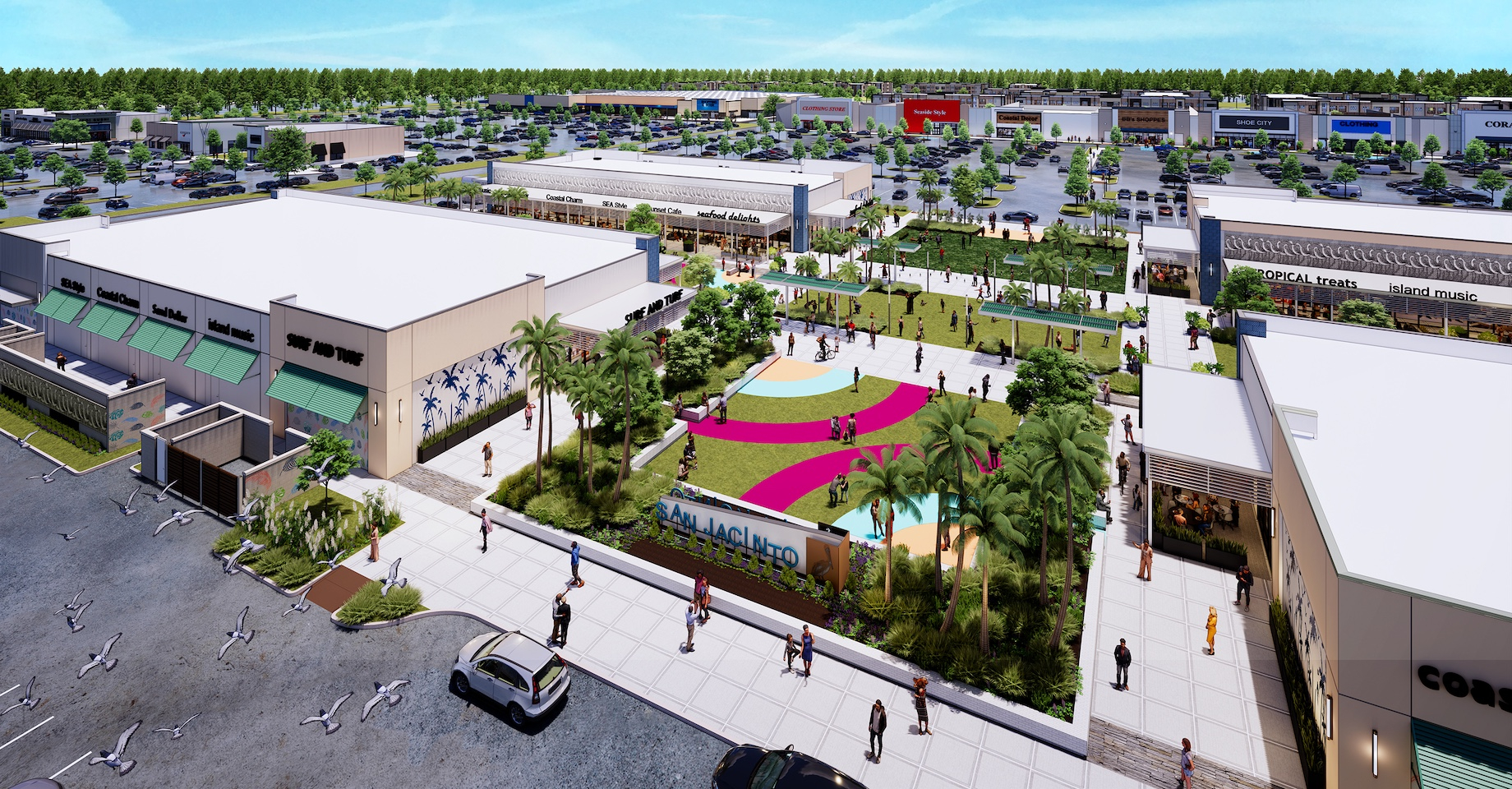 The site of the demolished San Jacinto Mall in Baytown, Texas, is transforming into a mixed-use development with retail, rest