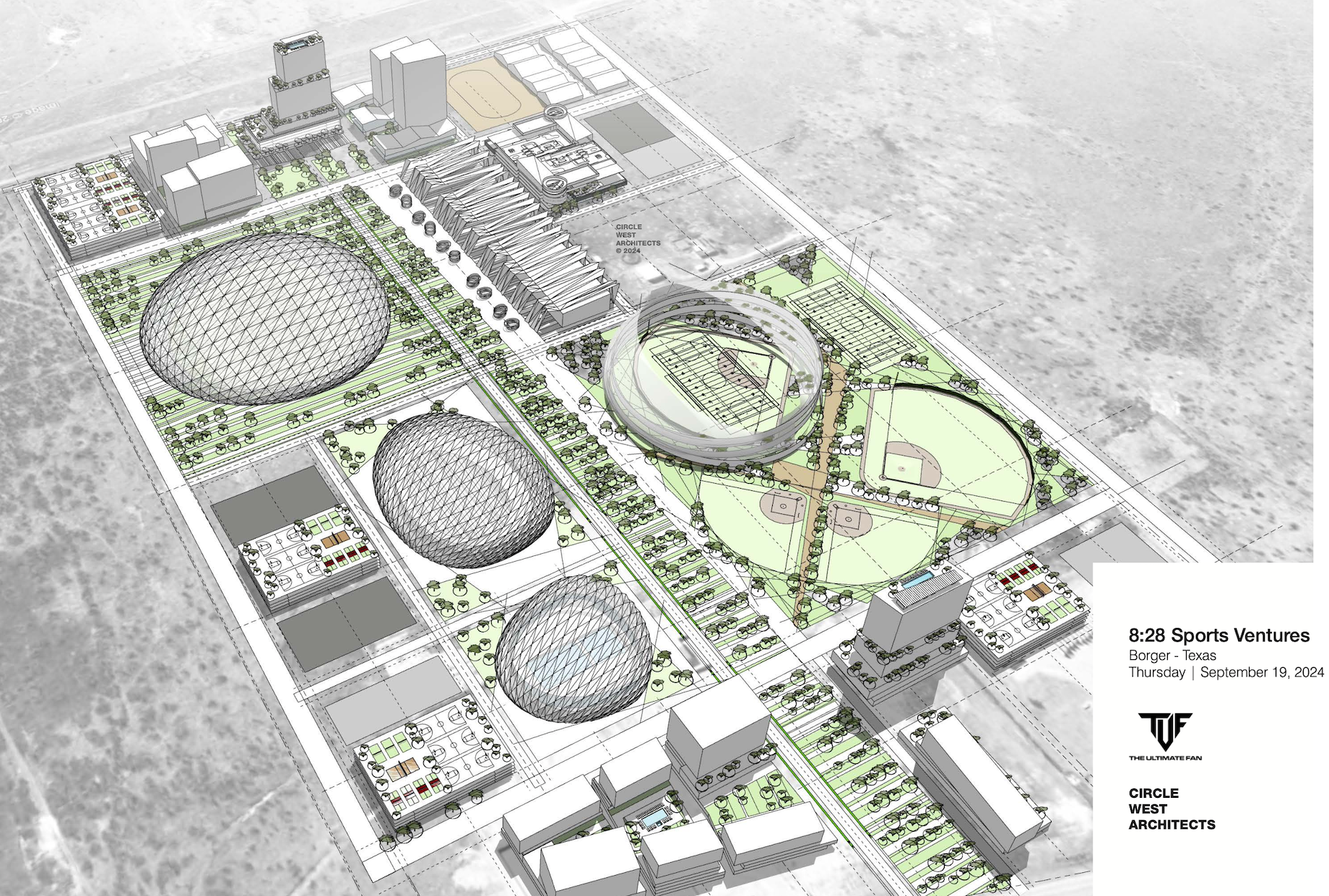 A conceptual site plan for Borger, Texas’ planned BoomTown MultiDome Sports Complex includes domes for indoor playing surface