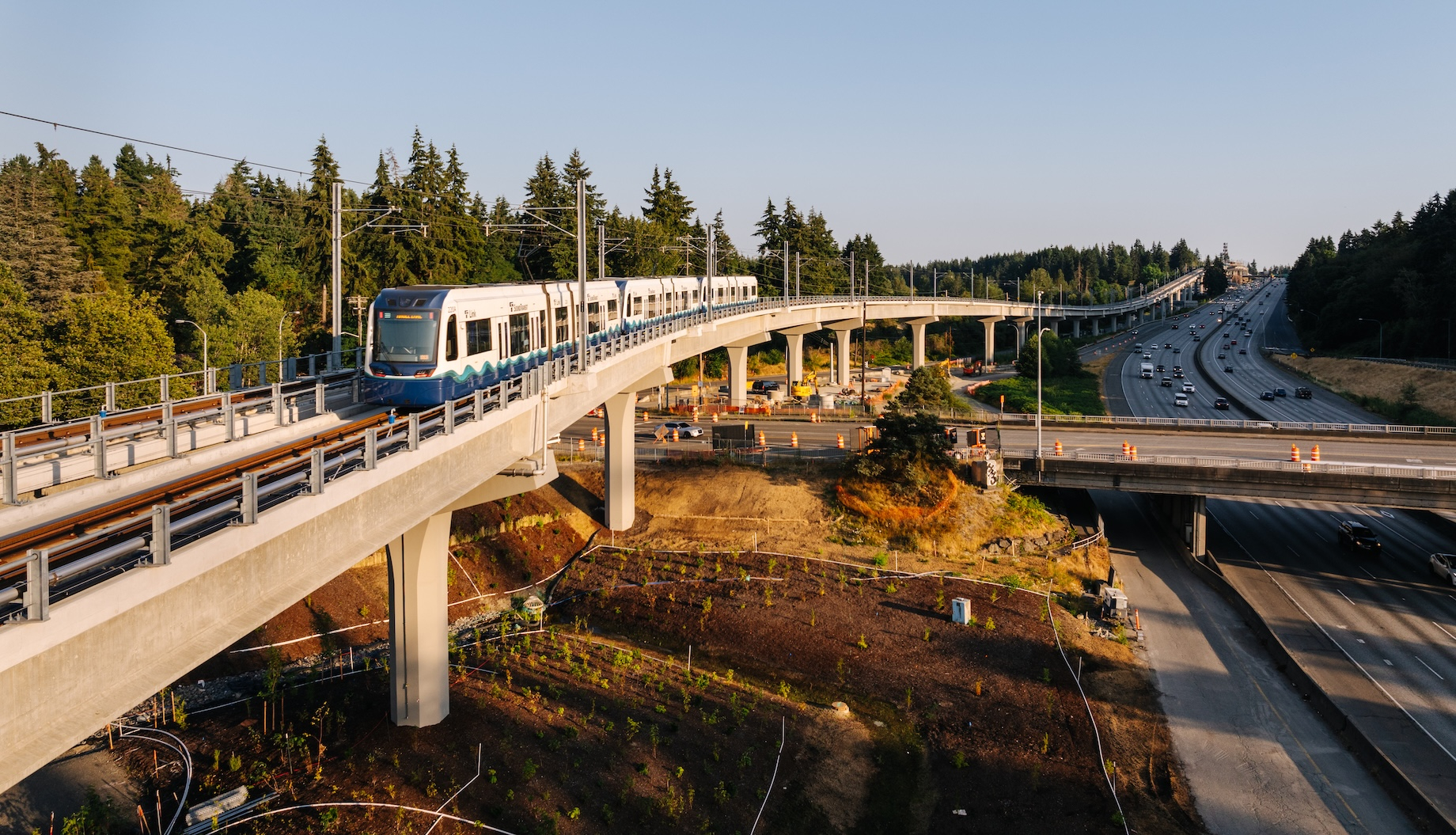 A Sound Transit light-rail vehicle heads to the newly opened Shoreline South station about 10 miles north of downtown Seattle